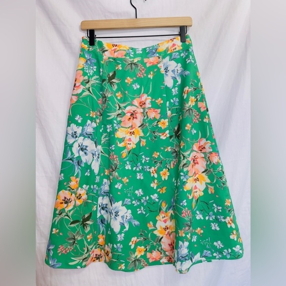 Loft Green Floral Print High Waisted A-line Knee Length Midi Skirt size 4 petite - Picture 6 of 6